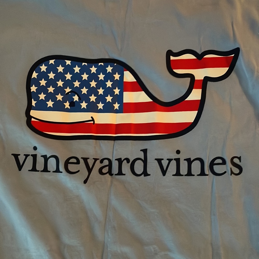Boys youth XL light blue t-shirt with American flag whale. Lightly worn